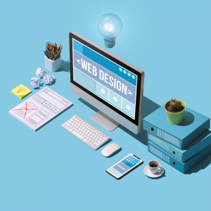 Slika prikazuje računalnik na katerem piše web design in se tako nanaša na blog z naslovom izdelava spletne strani po meri. 